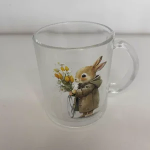 Caneca de vidro com desenho coelho