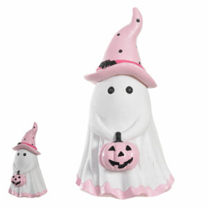 Fantasminha com abóbora rosa em resina 19,3cm