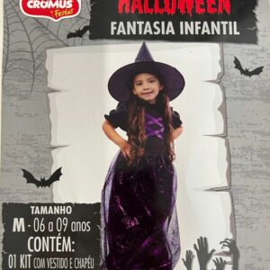Kit fantasia bruxinha com vestido e chapéu tamanho M