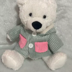 Urso branco de pelúcia com roupa azul 24cm