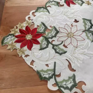 Caminho de mesa bege flores verm 0,40x1,80m