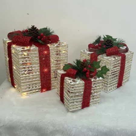 Caixas presente decorativa branca com fita verm com led com 3 pçs