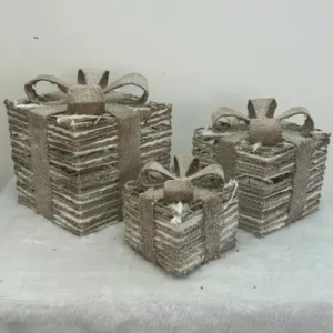 Caixa de presente decorativa cru e dourada com 3 pçs