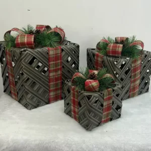 Caixa de presente decorativa com laço xadrez 3 pçs