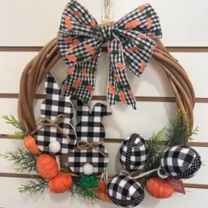 Guirlanda de Páscoa de cipó com xadrez pto/bco