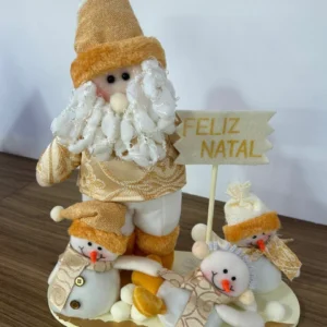 Enfeite de mesa Noel e três bonecos de neve amarelo 38cm