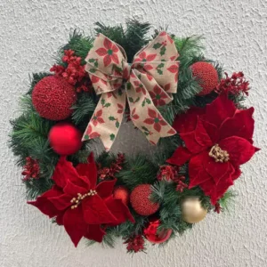 Guirlanda de Natal vermelha com laço cru 60cm