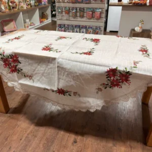 Toalha de mesa redonda crua com bordado vermelho 1,80m