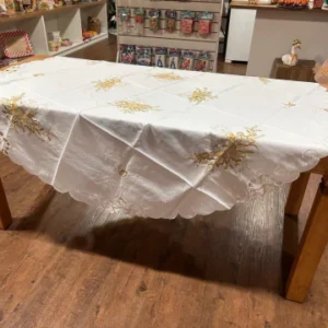 Toalha de mesa redonda crua com bordado dourado 1,80x1,80m