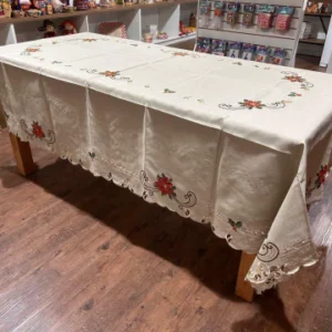 Toalha de mesa retangular crua bordada vermelho 2,70x1,80m