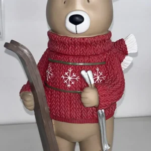 Urso vermelho com esqui em resina 40cm
