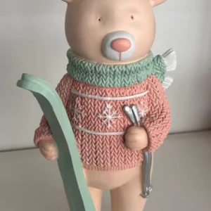 Urso em pé com esqui rosa e azul em resina 40cm