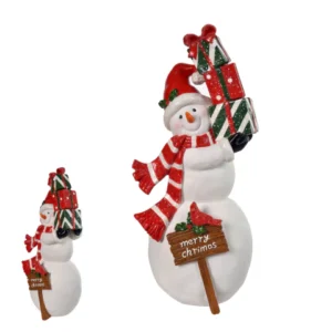 Boneco de neve em resina branco, vermelho e verde 31x14,5cm
