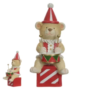 Urso músico com tambor em resina 20x9cm