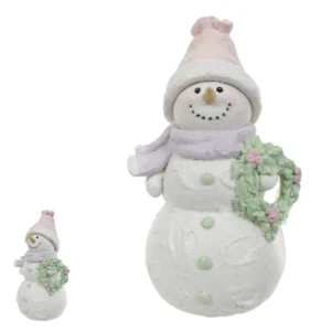 Boneco de neve verde rosa de resina 18,5x10,5cm