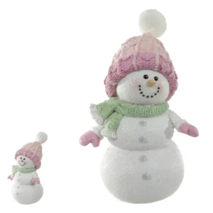 Boneco de neve gorro rosa de resina 14x9,5cm