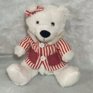 Urso branco de pelúcia com roupa listrada 24cm