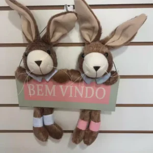 Placa decorativa casal de coelhos marrons