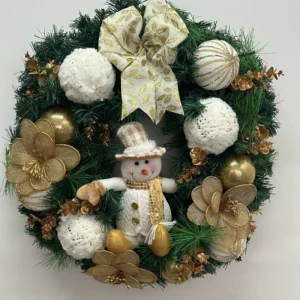 Guirlanda de Natal branca e dourada com boneco de neve 60cm