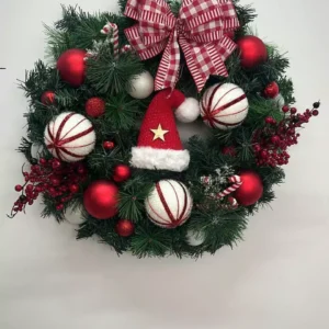 Guirlanda de Natal branca e vermelha com gorro Noel 60cm