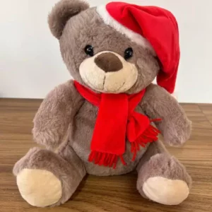 Urso de pelúcia cinza com gorro vermelho 27cm