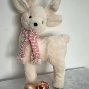 Rena em pé creme com cachecol rosa 40cm