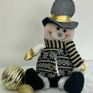 Boneco de neve sentado preto e dourado 20cm