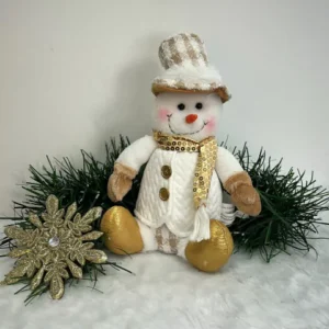Boneco de neve sentado branco e dourado 20cm