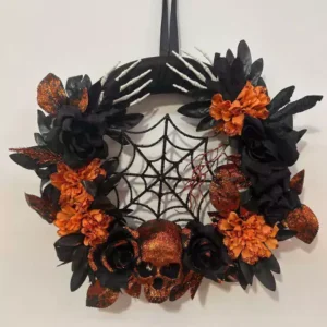 Guirlanda teia caveira preta e laranja