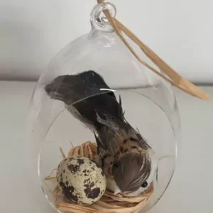 Pendente de vidro com passarinho e ovo no ninho 11cm
