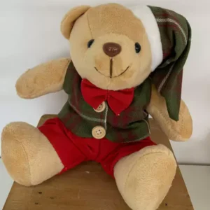 Ursinho de pelúcia com roupa xadrez verde vermelho 20cm