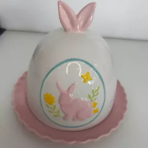 Queijeira porcelana rosa, branca e azul 23cm