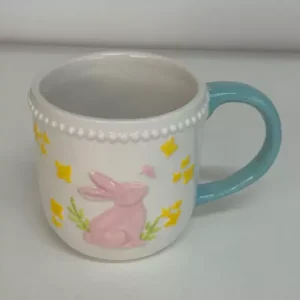 Caneca cerâmica branca com alça azul 14cm