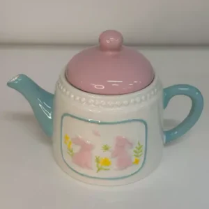 Bule de porcelana branco, rosa e azul