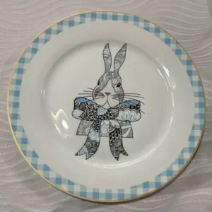 Kit com 6 pratos rasos branco e azul com coelho