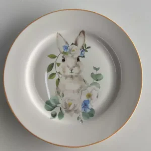 Kit com 6 pratos de sobremesa coelhos branco e verde