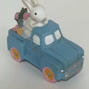 Coelho no carrinho azul em resina 10x5x8cm