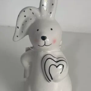 Coelho porcelana branco com preto orelha de poá 13cm