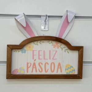 Quadro madeira com orelhas de metal Feliz Páscoa 24,5x28cm