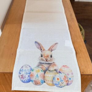 Caminho de de mesa tecido bege com coelho e ovos 33x172cm