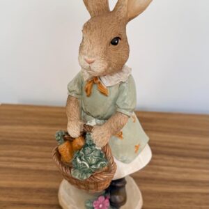 Coelha vestido verde e cesta  de resina 21cm