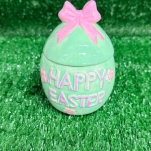 Pote cerâmica com tampa Happy Easter verde e rosa 13,5x10x10cm
