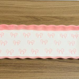 Travessa porcelana branca e rosa laços 37.5x14.5cm