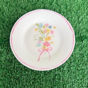 Kit 6 pratos sobremesa vidro branco opalino com buquê flores