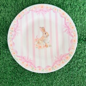 Kit 6 Pratos rasos vidro opalino branco e rosa com flores e coelho