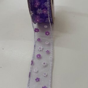 Fita aramada lilás transparente com flores 3,8cmx9,14m