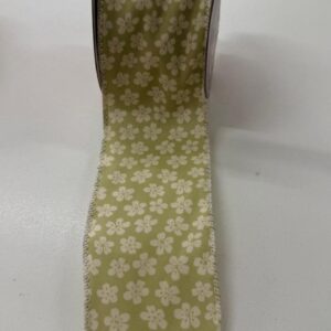 Fita aramada verde claro com flores brancas 6,3cmx9,14m