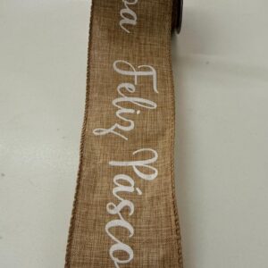 Fita aramada crua com Feliz Páscoa branco 6,3cmx9,14m