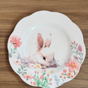 Prato sobremesa branco coelho e flores 21cm