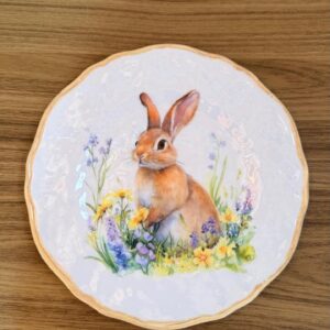 Prato sobremesa melamina flores e coelho borda amarela